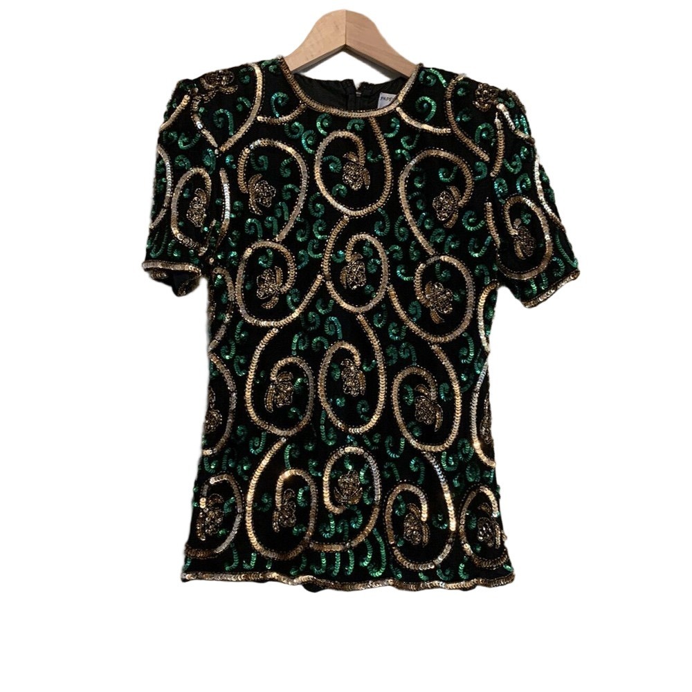Papell Boutique Women's 100% Silk Sequin Beaded Blouse Gold Green Art Deco S